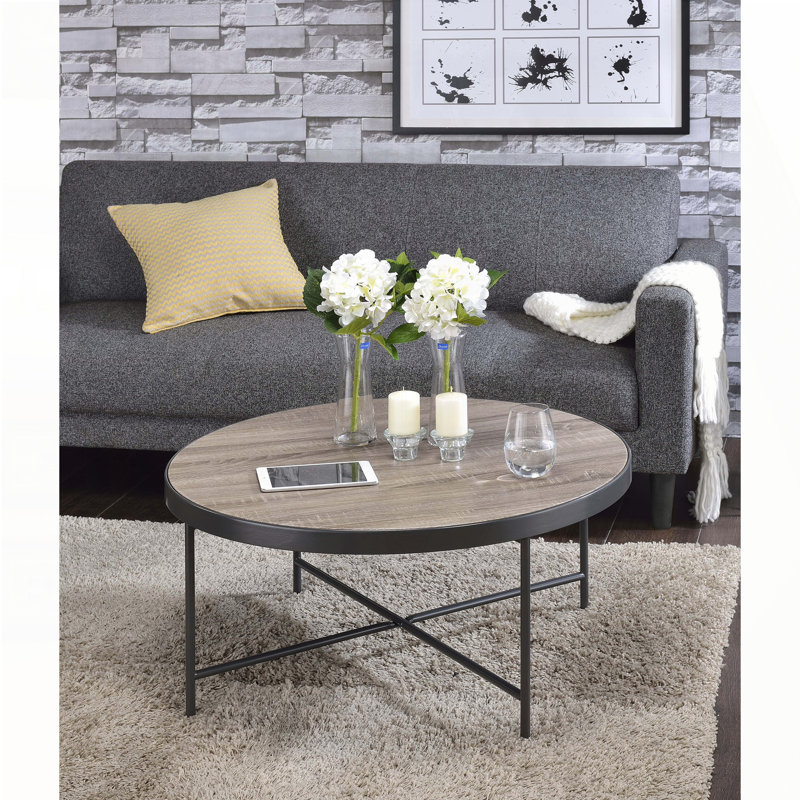 Table basse ronde industrielle avec bordure en métal et base en X - Chêne gris vieilli