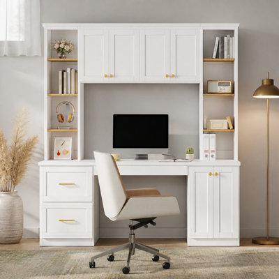 Farmhouse Modern Computer Desk with Hutch, All-in-One Home Office Workstation with Desk Grommet & Keyboard Tray, Mid-Century Office Desk with File Drawer & Adjustable Shelves for Study, Office, White