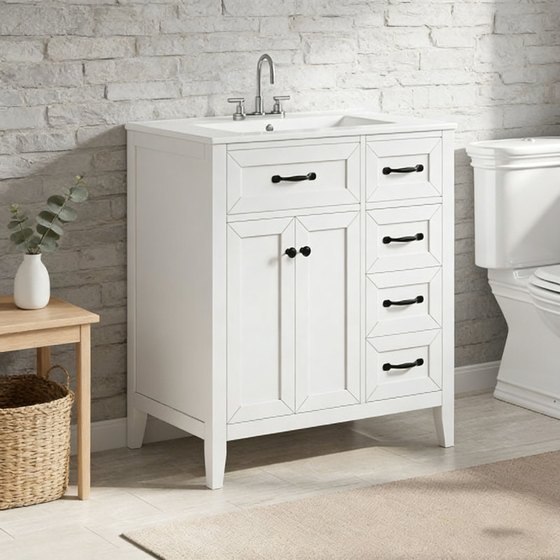 Meuble-lavabo 30 po avec lavabo en céramique blanc et poignées en métal noir