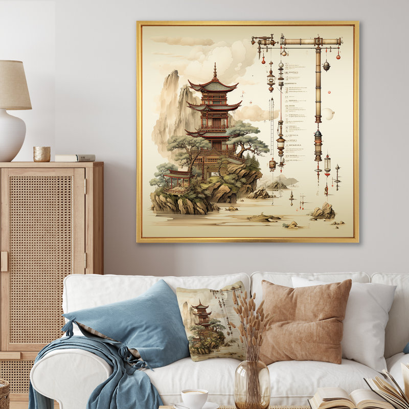 «China Scrolls Of Antiquity I», art mural Chine, Cadre flottant doré, H 30 po x l 30 po x P 1,5 po