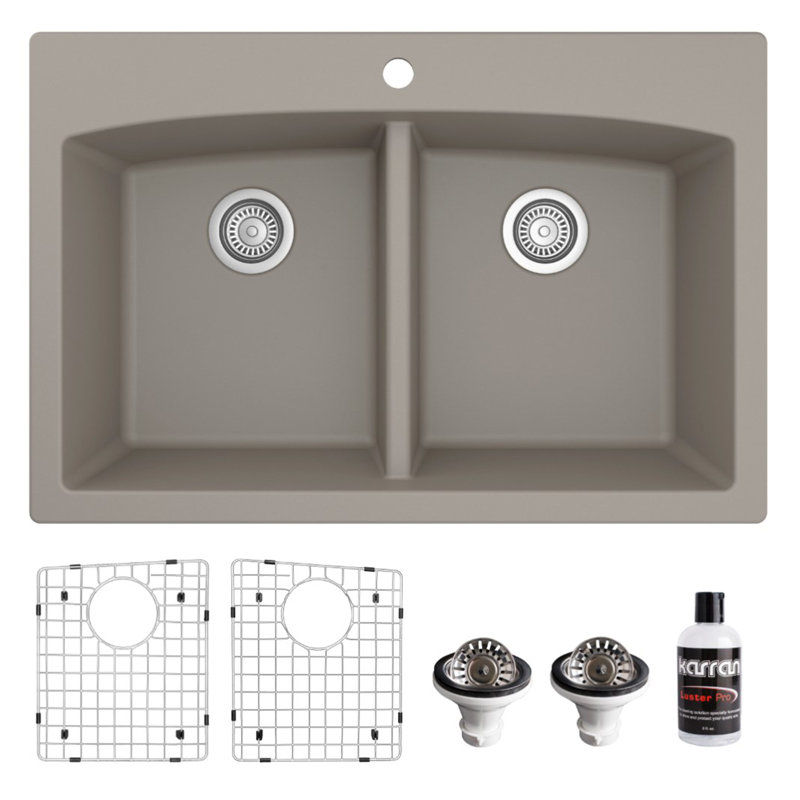 Karran Quartz 33'' X 22'' Double Bowl 50/50 Top Mount Drop-in Kitchen Sink Kit, Concrete