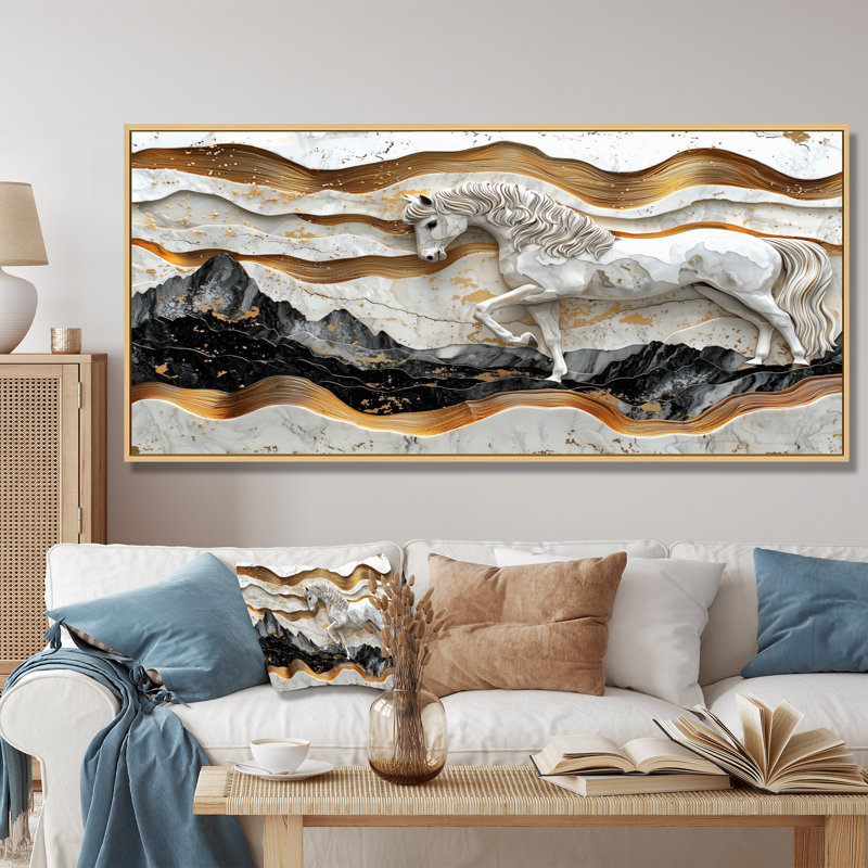 Cheval, rivière en marbre de l'Horizon Rider III - cheval, art mural, H 28 po x l 60 po, Impression sur cadre flottant
