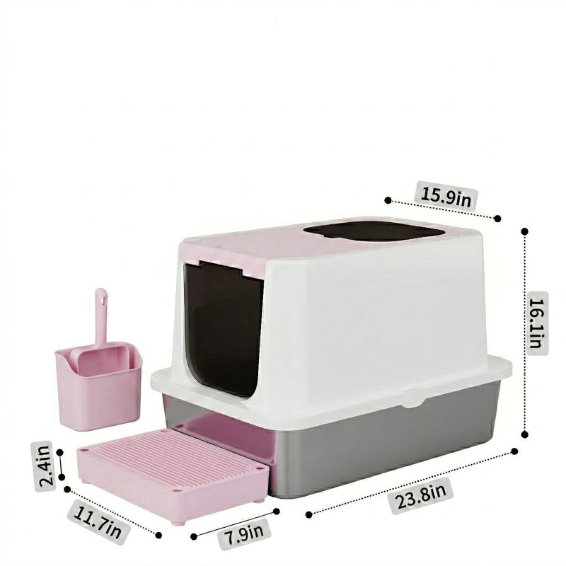Bac à litière pour chat fermé, grande entrée sur le devant et à l'avant, conception anti-éclaboussures à haut côtés, contrôle des odeurs en acier inoxydable, revêtement antiadhésif en téflon, plaque rose, pour entrée / garde-robe