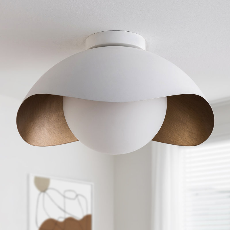 15.5" 1-Light Modern Globe ETL Flush Mount Ceiling Light With Opal Glass, White Exterior & Gold Interior Shell-Style Dimmable Shade For Hallway