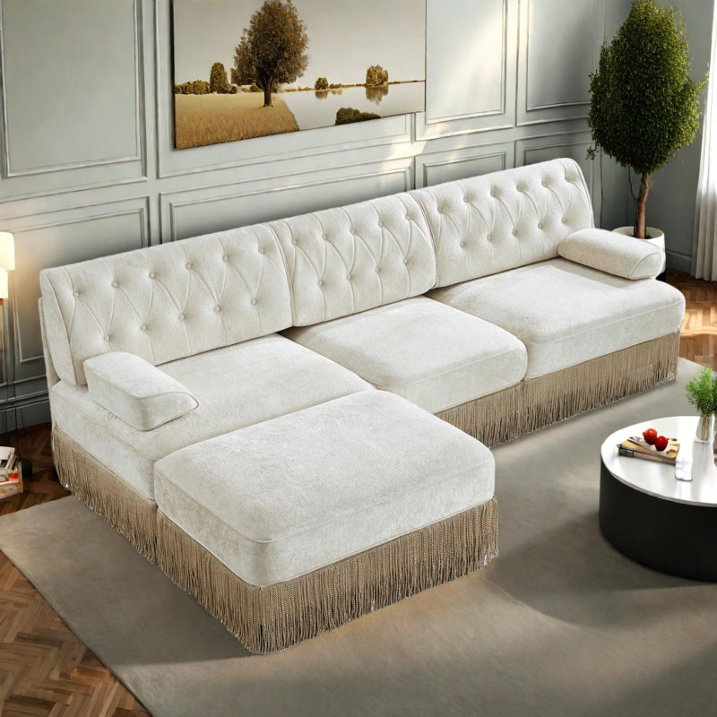 Canapé modulaire 3 places en velours capitonné, Beige