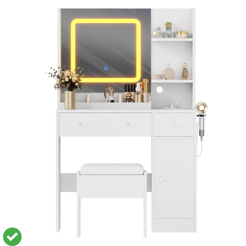 Ensemble de coiffeuse avec miroir et lumières réglables, ensemble de coiffeuse avec 3 tiroirs et banc