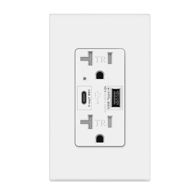 20-Amp USB 20-Amp USB Outlet, Type-C, High Speed Charging, White, Type-C,High Speed Charging, White