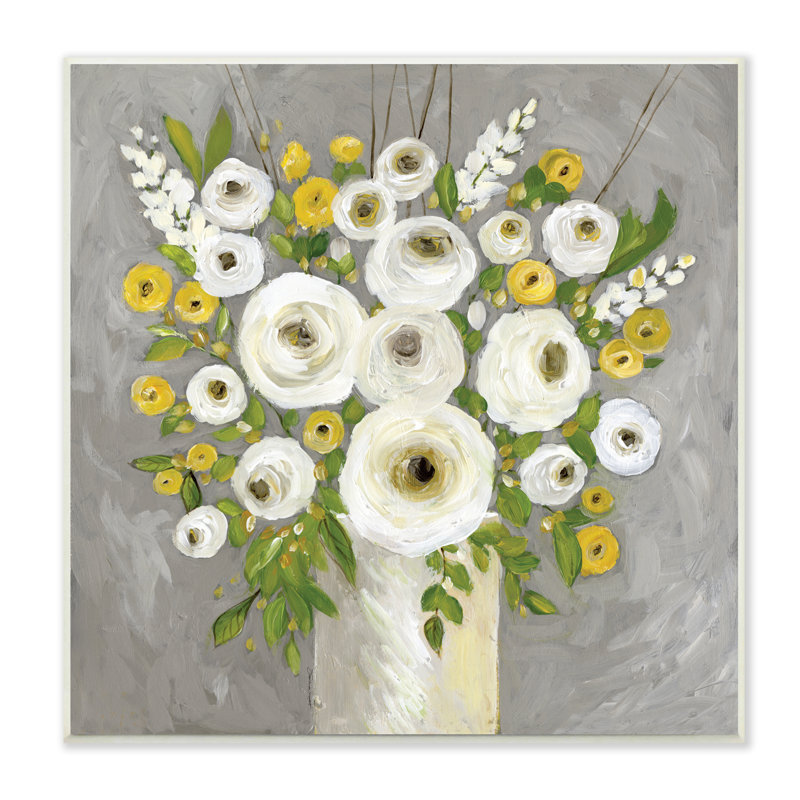 Abstrait, bouquet de fleurs de renoncule, fleurs de campagne jaunes et blanches, encadré et estampe numérique par Stephanie Workman Marrott