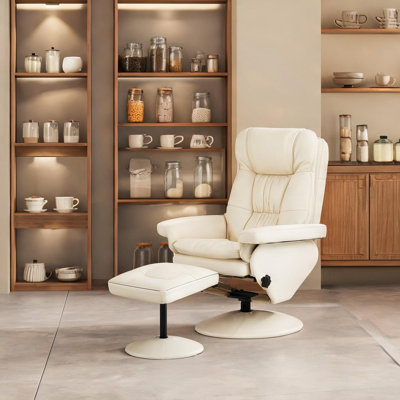 Fauteuil de bureau massant en similicuir avec repose-pieds, pivotant à 360° et inclinable à 135°, idéal pour le bureau à domicile et le salon, de couleur blanc classique.