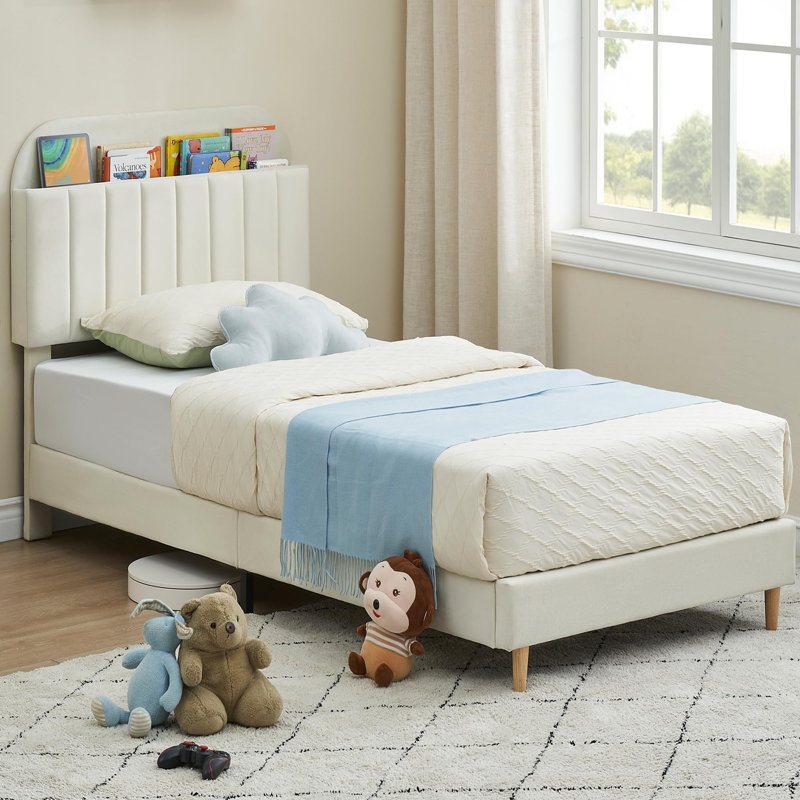 Twin Velvet Bed Frame with Bookcase Headboard, Heavy Duty Steel Support, Kids Upholstered Bed, Beige, Twin