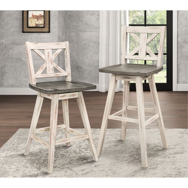 Chaises à hauteur de comptoir en bois d'hévéa massif (de 2), gris blanc, pivotant sur 360 °, gris rustique pour salle à manger (2), 360 degrés