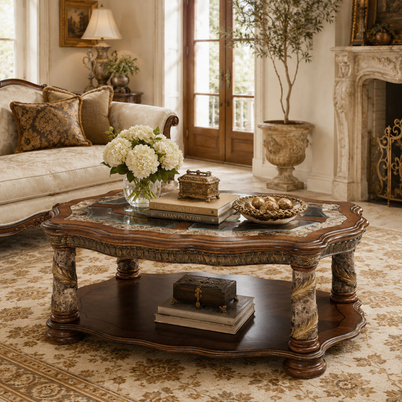 Villa Valencia Wood and Marble Coffee Table - Classic Chestnut