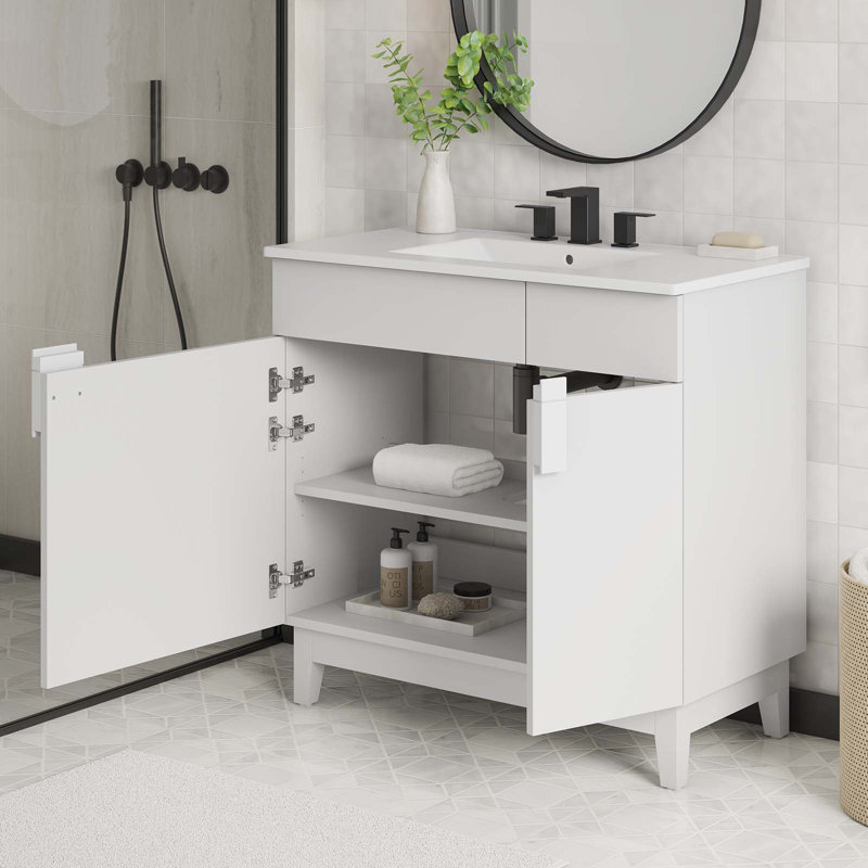 Modway Miles 36'' Free Standing Single Bathroom Vanity with Ceramic Top, White, White