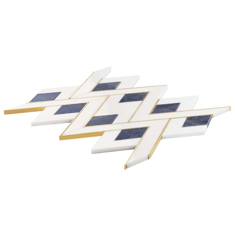 Zeta 12x16 Polished Marble and Brass Inlay Waterjet Mosaic Tile, Azul Blue