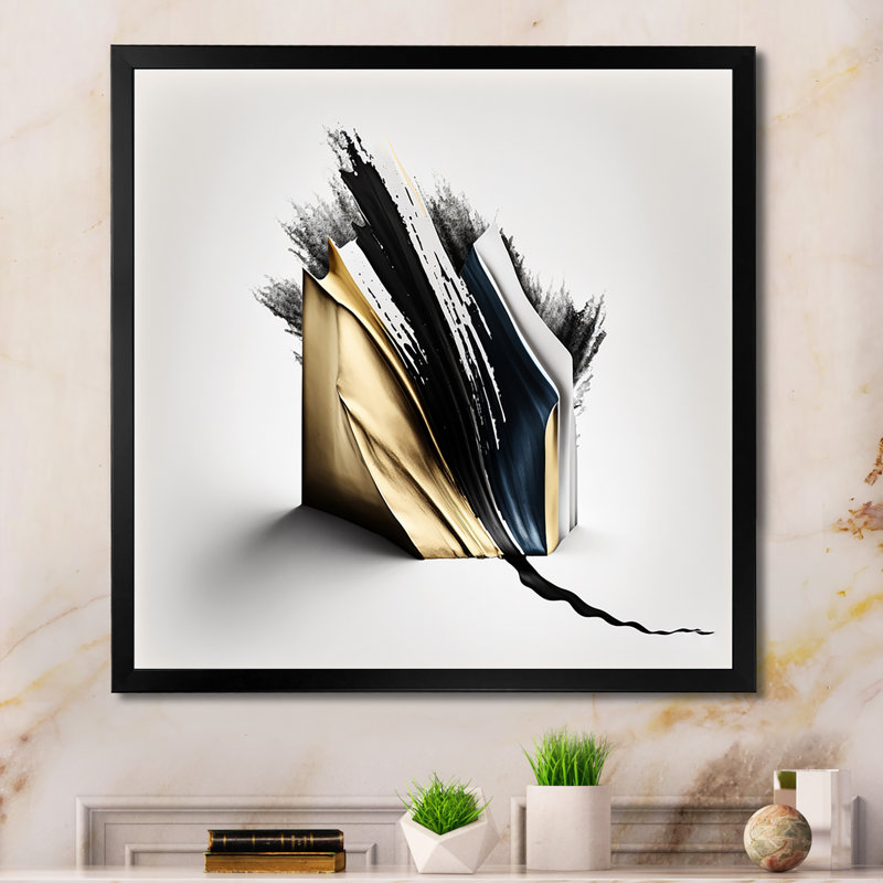 «Cubic», art cubique abstrait noir et or, Impression noire sur toile encadrée, H 36 po x l 36 po x P 1,5 po