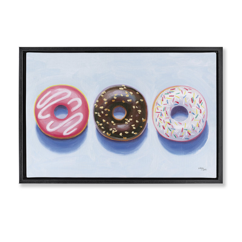 «Three Donuts Trio», toile flottante brune encadrée par Wild Apple, Cadre flottant noir de jais, H 17 po x l 25 po