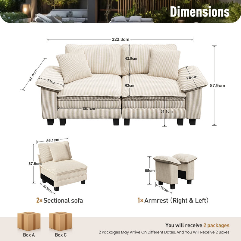 2 Seater Chenille Sofa & Chaise, Beige Corduroy