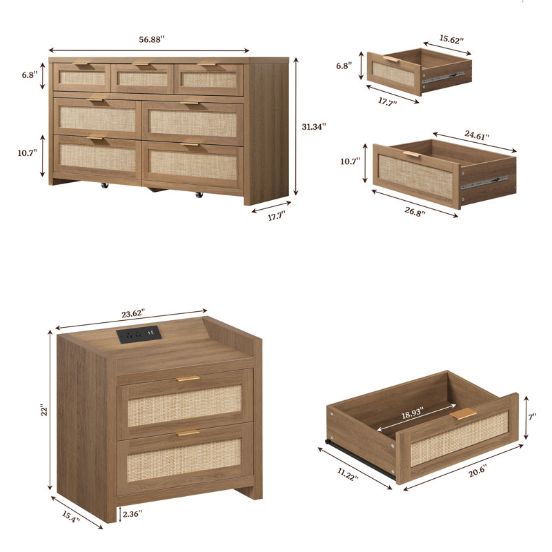 Ensemble de chambre à coucher en rotin 3 pièces avec ports de chargement USB (commode 6 tiroirs + 2 tables de chevet), Brown