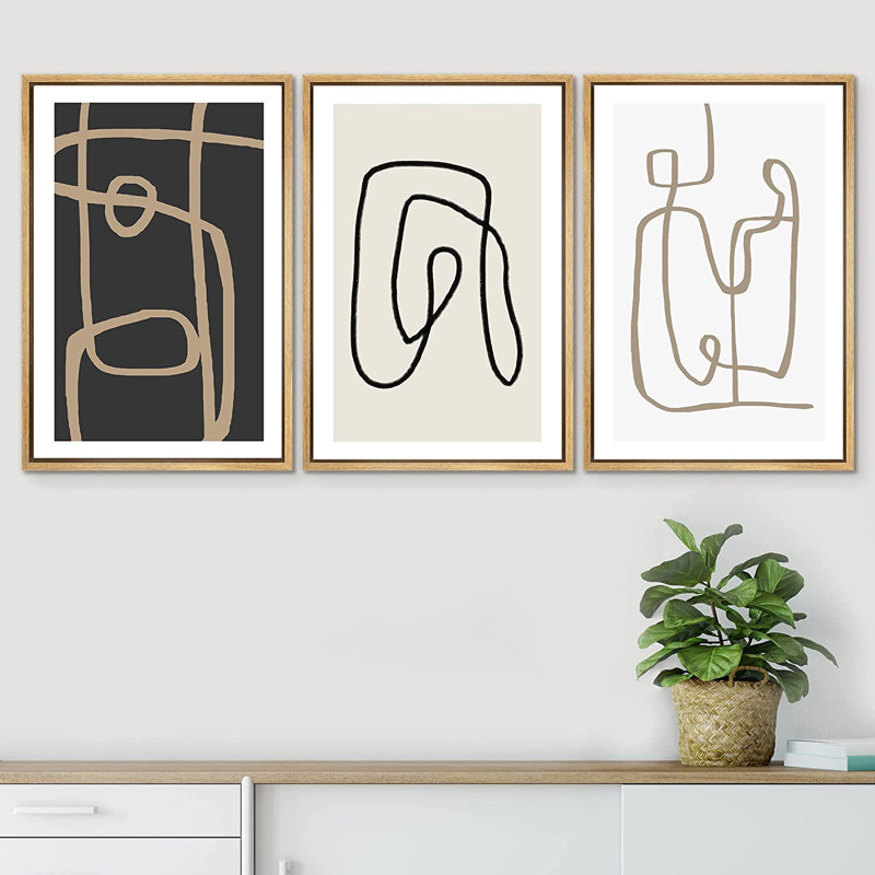 Esthétique abstraite, ligne noire, art moderne minimaliste, encadré sur toile, 3 pièces, H 36 po x l 72 po, Brownd