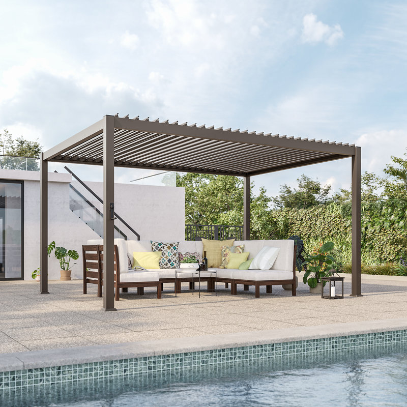 Outdoor Louvered Pergola, Patio Pergola with Adjustable Roof, Modern Metal Pergola for Patio, Deck, Porch, Yard, Brown