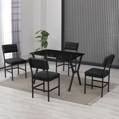 Extendable Dining Table & Chairs Set (5 Pieces), Modern Anthracite & Black, Table: 43.3 x 29.1 x 27.2 inches | 100% Melamine Coated Chipboard, 0.7 inch Thickness | 100% Metal Frame Chairs, Elegant Linen Fabric, Space-Saving Design