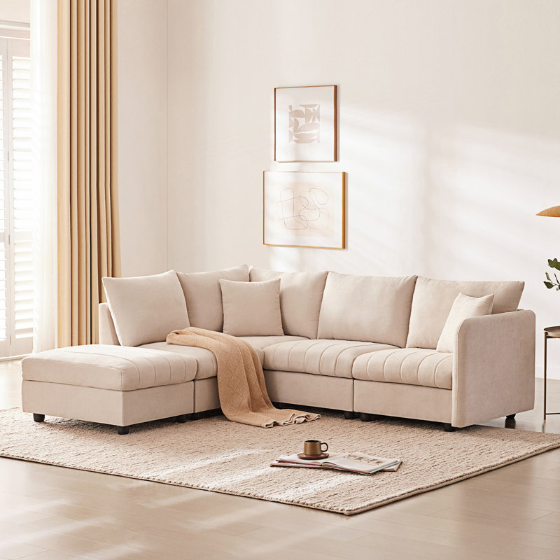 Canapé modulaire moderne avec assise profonde, canapé d'angle avec repose-pieds mobile, canapé confortable, Beige