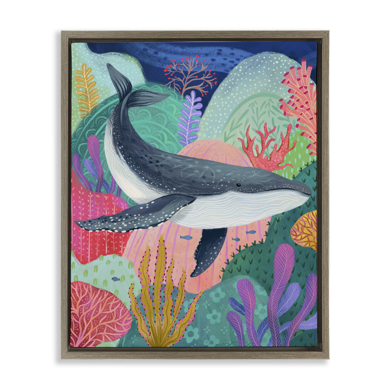  «Bright Whale & Sea Coral» par Arrolynn Weiderhold, H 31 po x l 25 po, Cadre flottant orme Montalcino