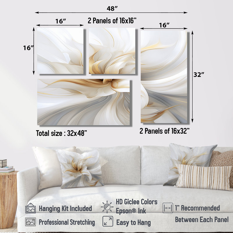 «Fractal Flower Tender White Sens sensibilité II», art mural sur toile blanche 4 pièces, Noir