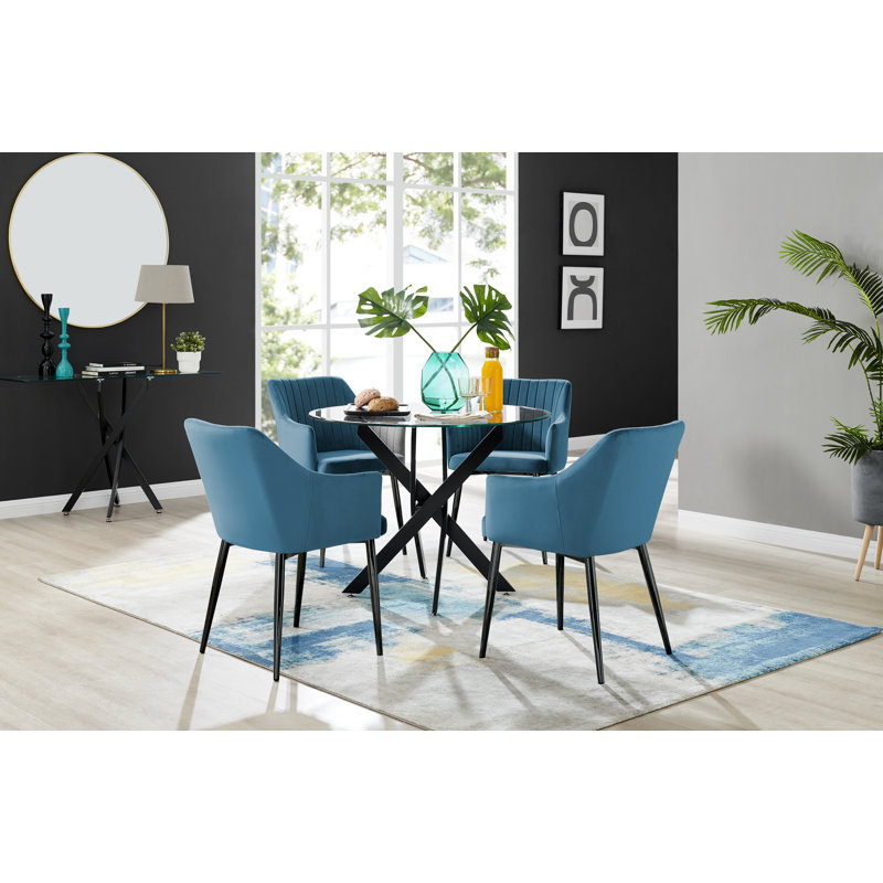 Tierra Modern Chrome Metal & Glass Round Dining Table Set with 4 Luxury Button Velvet Chairs, Glass, Mustard