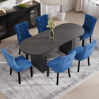 Wooden Farmhouse Dining Table Set, Rectangle Extendable Dining Table with Tufted Velvet Dining Chair for Dining Room