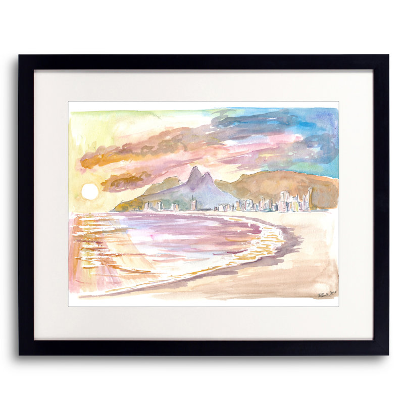 Coucher de soleil à la plage d'Ipanema à Rio de Janeiro, Brésil, par Martina Bleichner, Papier avec cadre noir, 24" H x 30" W