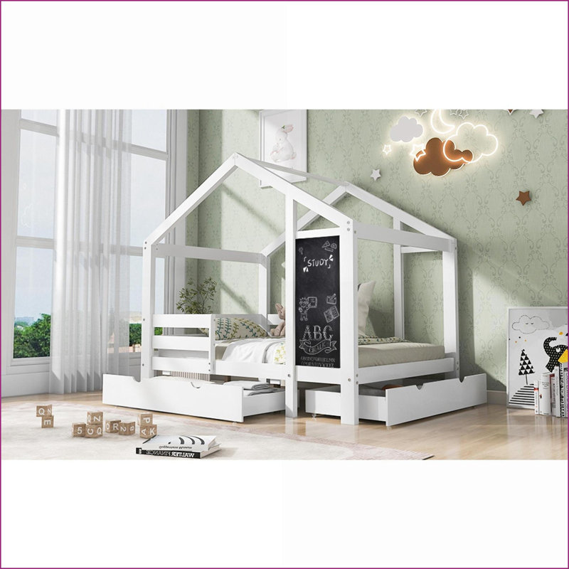 Lit simple en pin massif Cadre de lit en contreplaqué avec tiroirs de rangement Tableau noir, aucun sommier tapissier requis, blanc