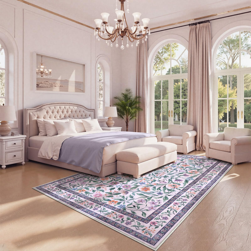  Machine Washable Area Rugs Floral Rug Boho Soft Low Pile Non Slip Indoor Carpet for Playroom, Rectangle 8' x 10'