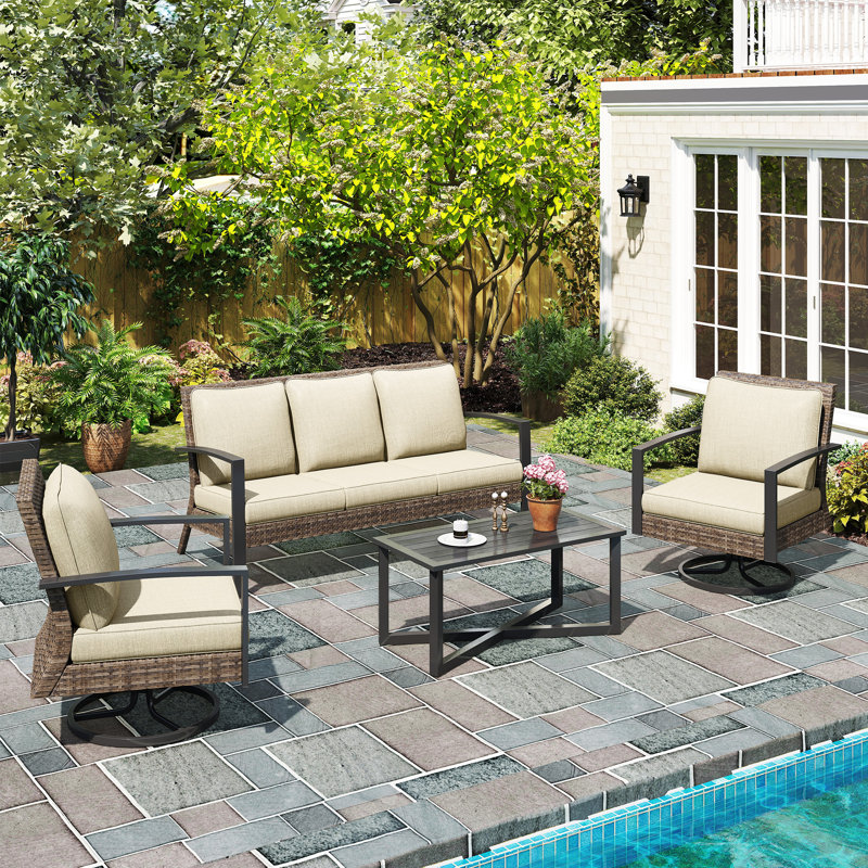 Patio Swivel Dining Chairs Set With Cushions, Beige