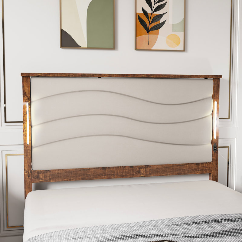 Structure de grand lit avec tête de lit tapissier de luxe, port de charge, lumières à DEL, lattes de bois, lin beige, aucun sommier requis pour l'installation, tête de lit et fonction, revêtement en lin, ressort, assemblage rapide