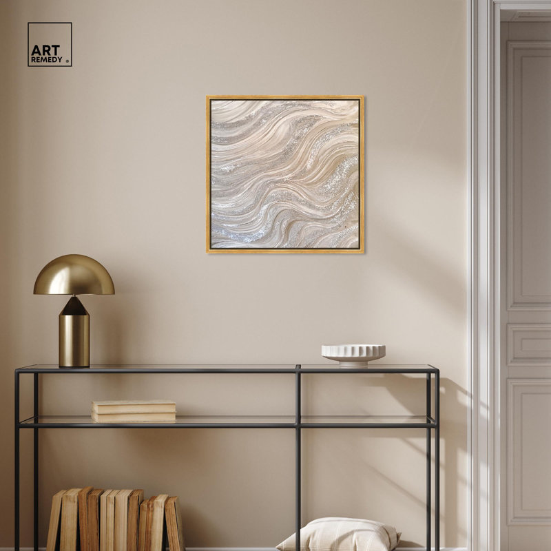«Silver Waves I Canvas Minimalist Abstract» par Art Remedy, Cadre flottant doré, H 21 po x l 21 po x P 1,8 po