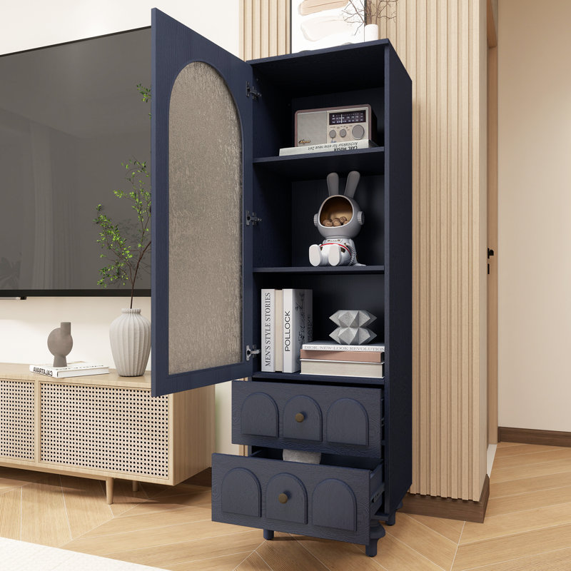 63''Tall Storage Cabinet With 2 Drawers,Blue Floor Cabinet With Glass Door For Living Room,Modern Cabinet For Kitchen,Bathroom