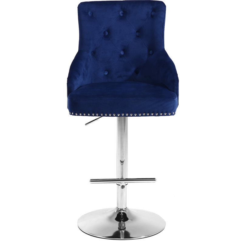 Bocana Swivel Upholstered Adjustable Height Counter Stool with Metal Frame, Navy, Chrome