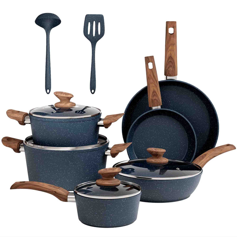 Batterie de cuisine 12 pièces en granite antiadhésif, Bleu