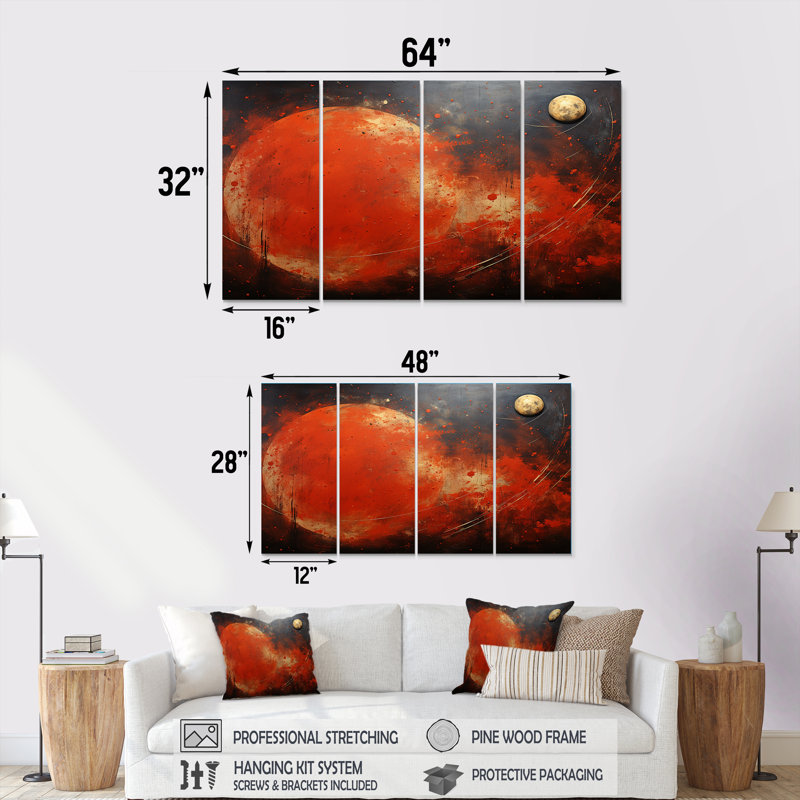 Ensemble d'art mural noir et rouge sur 4 planètes de Mars, H 28 po x l 48 po