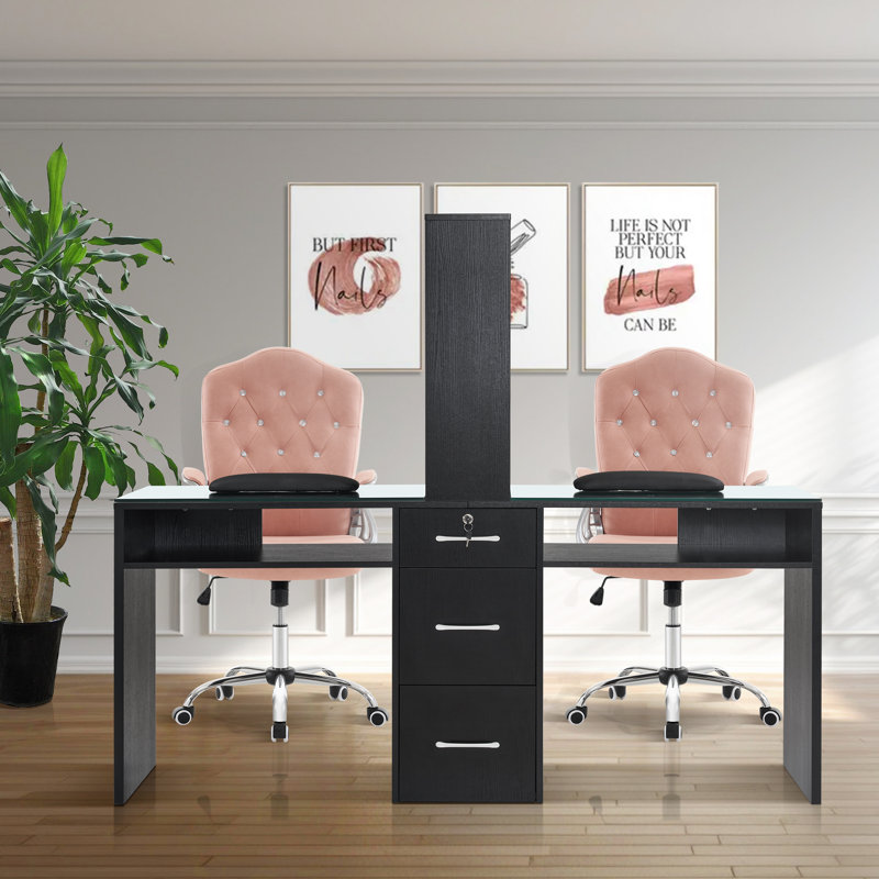  71.7'' Wide Double Position Nail Desk with Glass Top, Locking Drawer and Storage Shelf, Black
