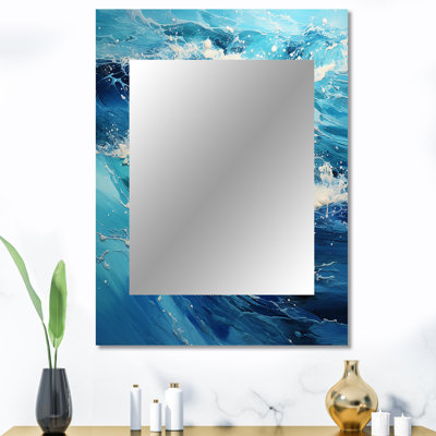 Teal White Ocean Serenade Pointillism II - miroir décoratif océan, miroir mural sarcelle, impression d'art en métal