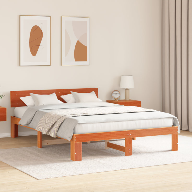 Bed Frame With Headboard Wax Brown Solid Pine Wood, European Kingsize (160 x 200 cm)