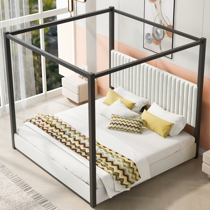 Upholstery Canopy Platform Bed with Headboard, King, Black/White