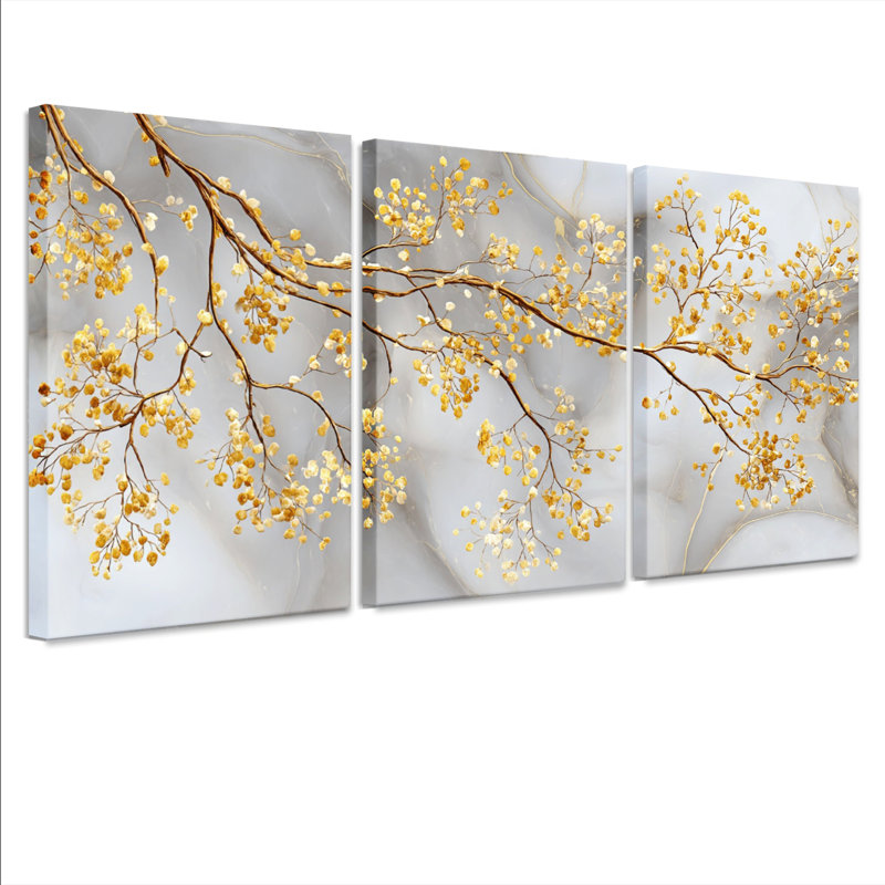 Golden Blossom Branches, reproduction d'art sur toile tendue sur toile abstraite (ensemble de 3), H 18 po x l 36 po