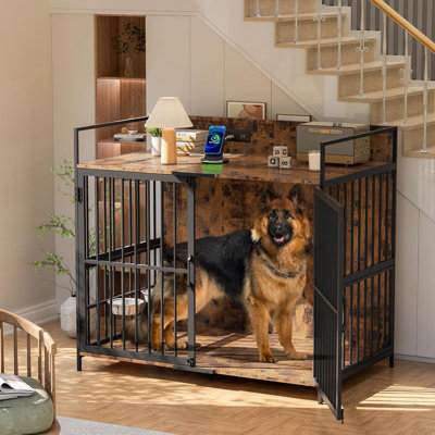 Dog Crate Furniture, Indoor Wooden Large Dog Kennel With 2 Rotating Feeder Bowls, Heavy Duty Dog Crates With Charging Station As End Table