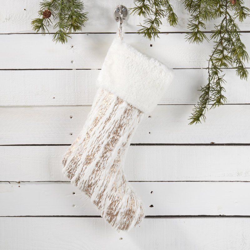 Faux Fur With Brushed Metallic Foil Print Stocking, Gold