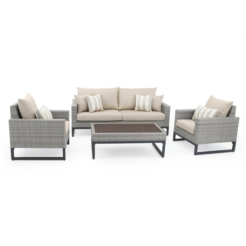 Milo 4 Piece Rattan Sunbrella Sofa Set with Cushions, Gray, Beige