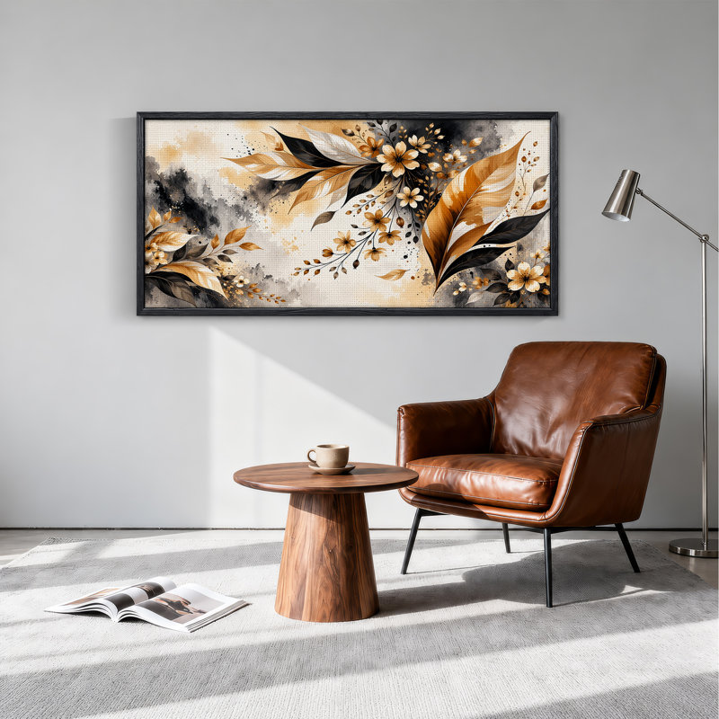 Feuilles et fleurs dorées sur toile abstraite noire et blanche, 58“W x 28”H