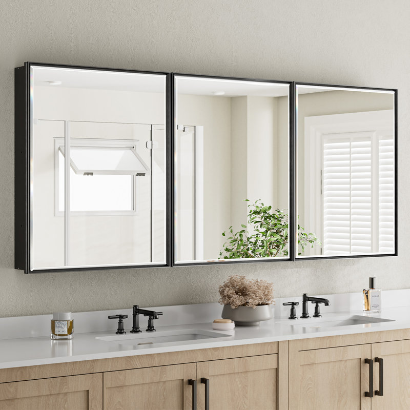 Belwood Framed Medicine Cabinet with Beveled Mirrors, Soft-Close Doors & Adjustable Glass Shelves, Recessed or Surface Mount